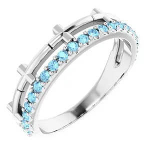 14K White Aquamarine Stackable Cross Ring