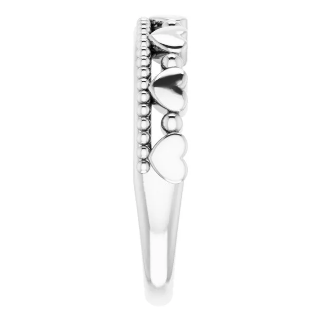 14K White Stackable Beaded Heart Ring