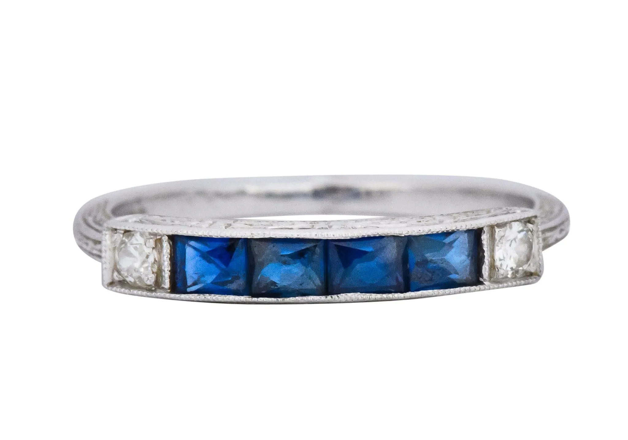 1930's Deco 1.10 CTW Sapphire Diamond Platinum Stackable Wedding Band Ring