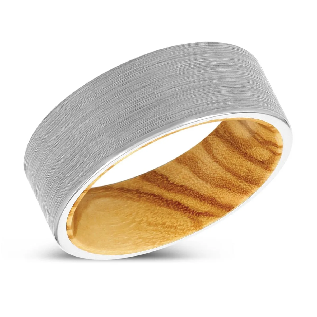 AMANI | Olive Wood, White Tungsten Ring, Brushed, Flat
