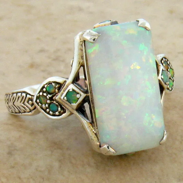 Antique Silver Square Opal Ring Green Women Wedding Jewelry