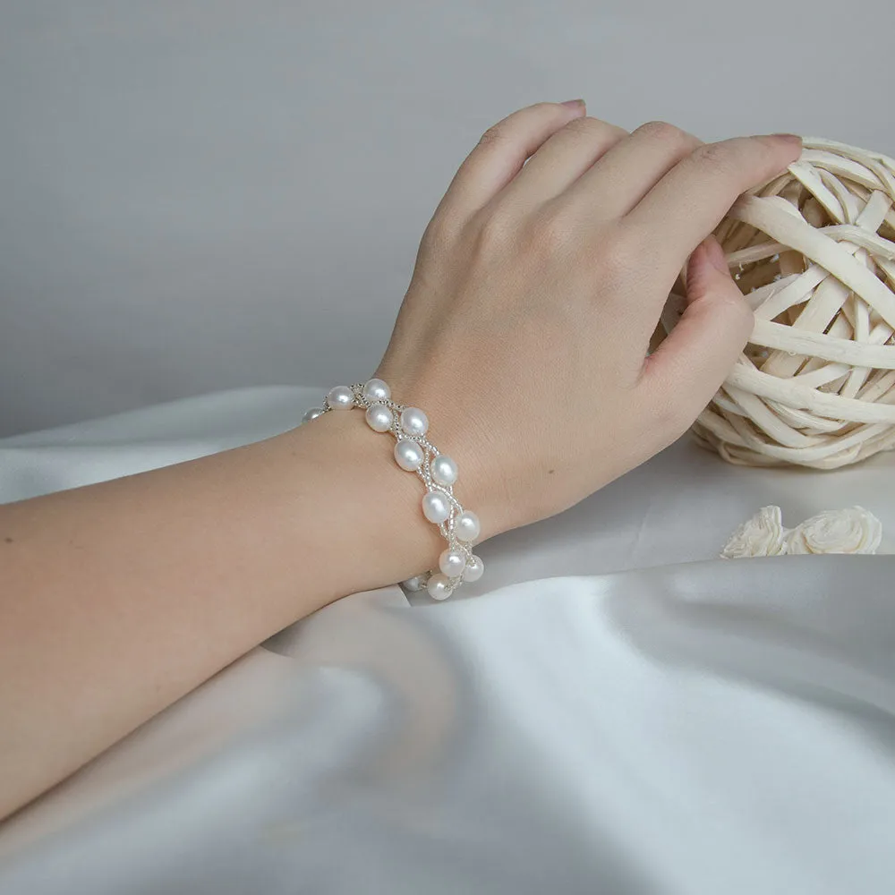 Double Rows Handbeaded Rice Freshwater Pearls Wedding Bracelet, Bridal, Bridesmaids