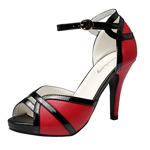 getmorebeauty Women's Vintage Red and Black Peep Toes Dress Shoes High Heels Ladies Open Toe Party Pumps Buckle Sandals (US 7, Red)