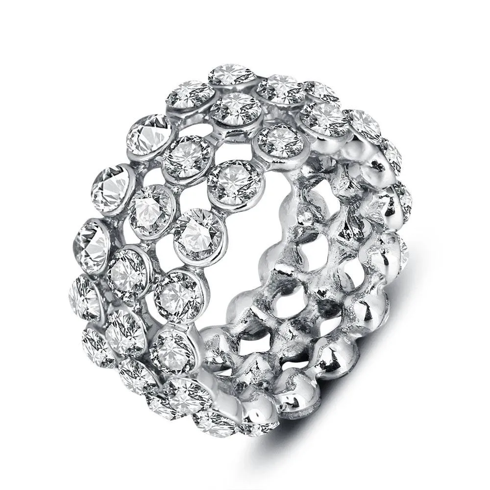 Luxurious Zinc Alloy Rhodium Plated Rings for Women with 3 Rows of Shiny White Cubic Zirconia Stones – Trendy Jewelry Gift