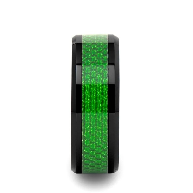 MATLAL | Black Ceramic Ring, Green Carbon Fiber Inlay, Beveled