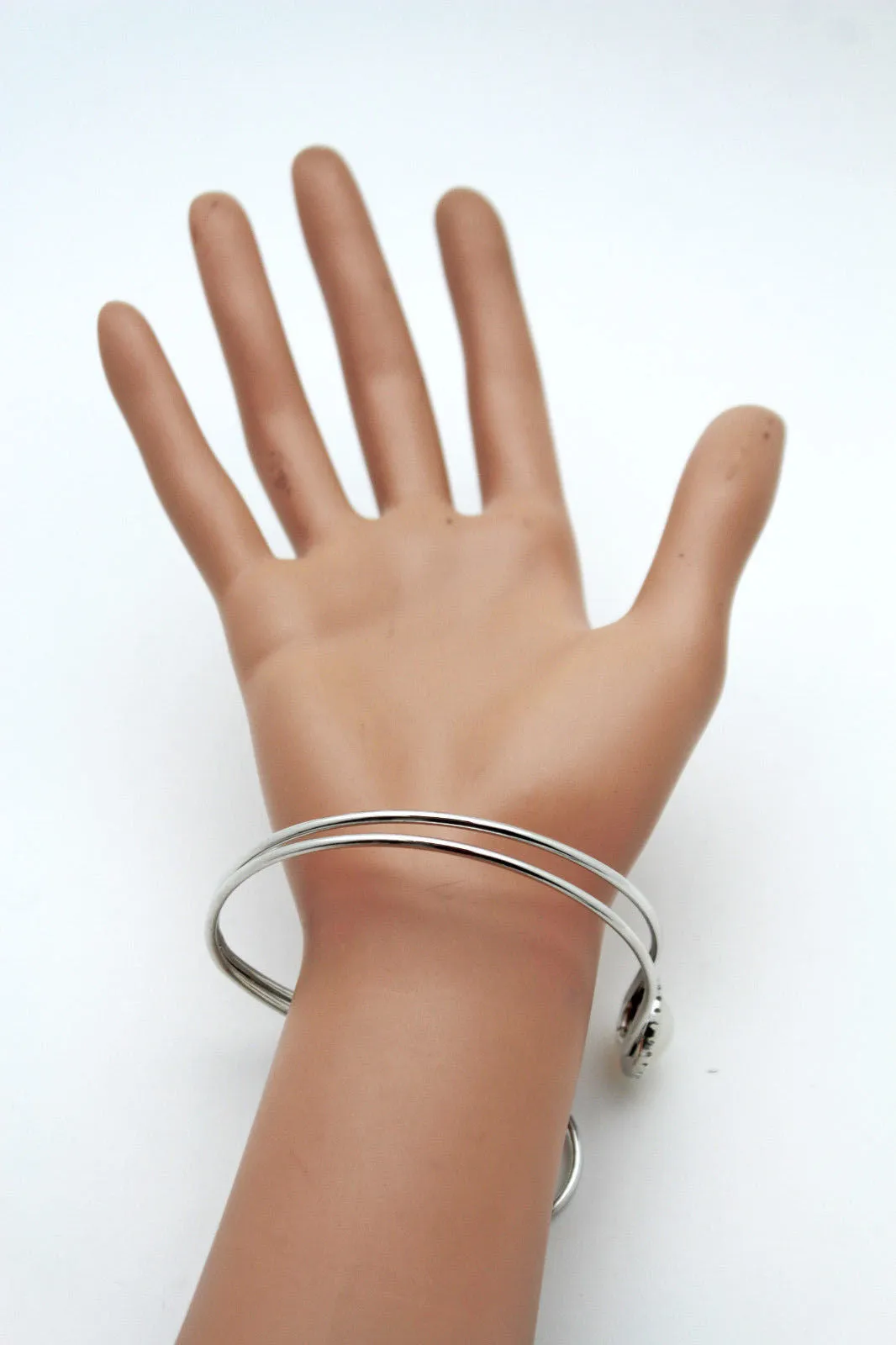 Silver Metal Cuff Bracelet Bangle Geometric Wrap Around Big Bead And Rhinestones