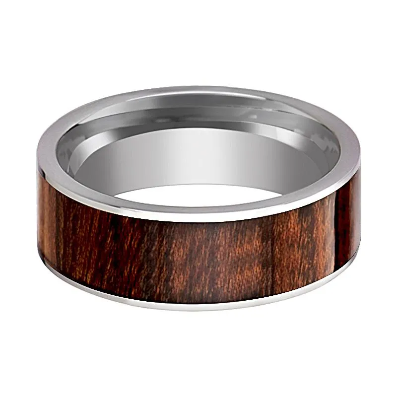 THRACO | Silver Tungsten Ring, Carpathian Wood Inlay, Flat