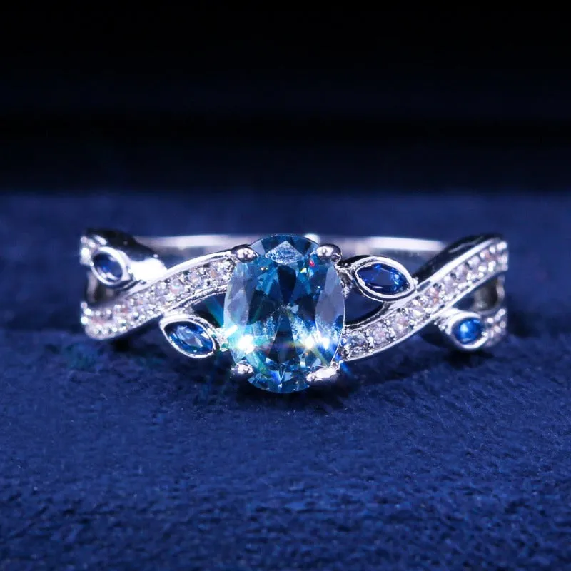 Twist Blue Gemstone Engagement Ring For Women Wedding Silver Jewelry