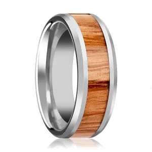 VERMILLION | Silver Tungsten Ring, Red Oak Wood Inlay, Beveled