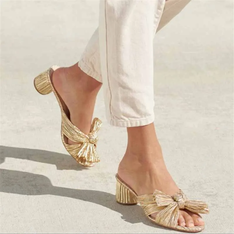 Women's Pleated Bow Knot Heeled Slip On Open Toe Block Chunky Heel Slides Dress Shoes