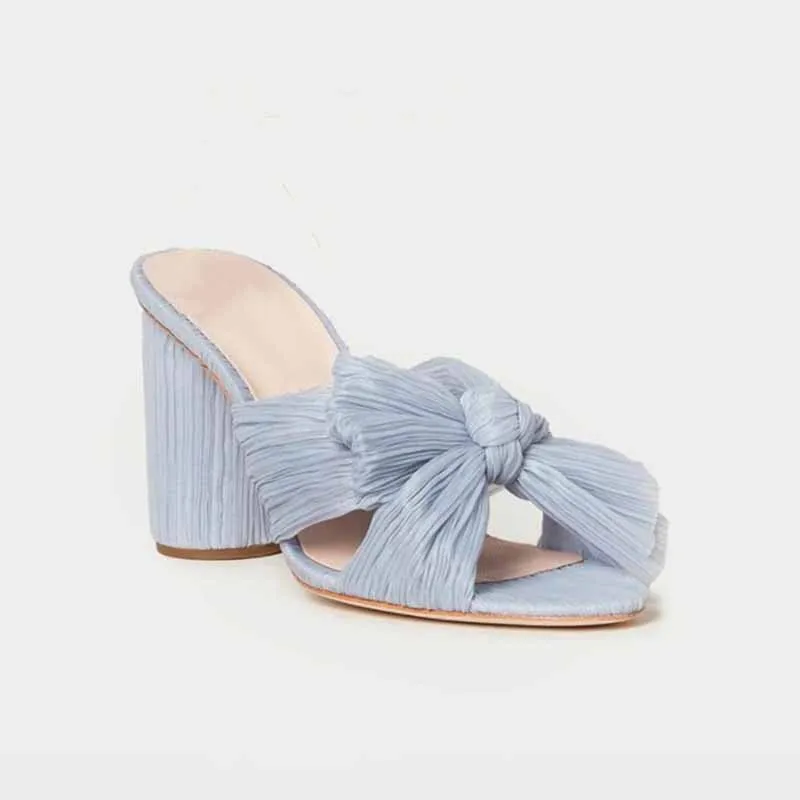 Women's Pleated Bow Knot Heeled Slip On Open Toe Block Chunky Heel Slides Dress Shoes