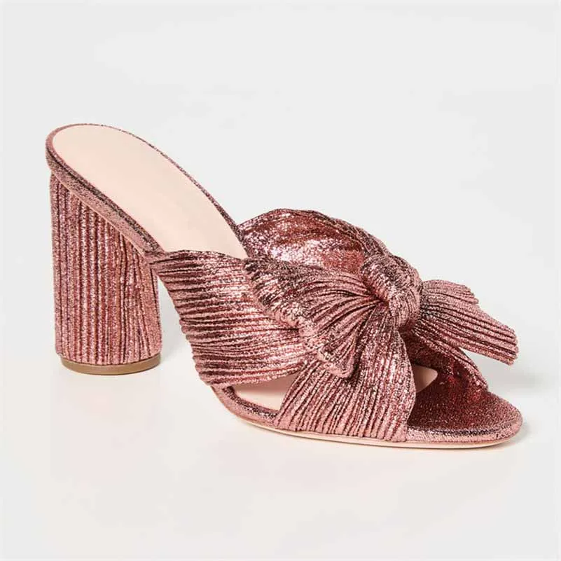 Women's Pleated Bow Knot Heeled Slip On Open Toe Block Chunky Heel Slides Dress Shoes